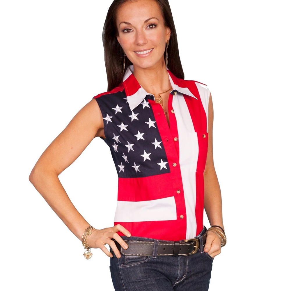 NWT Scully RangeWear Womens Red 100% Cotton Flag Sleeveless Western Shirt Sz S